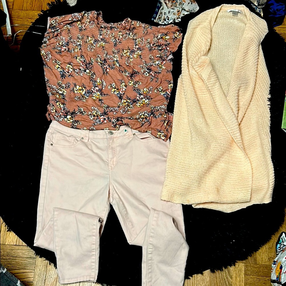 Peach Floral Top and Cream Cardigan Set